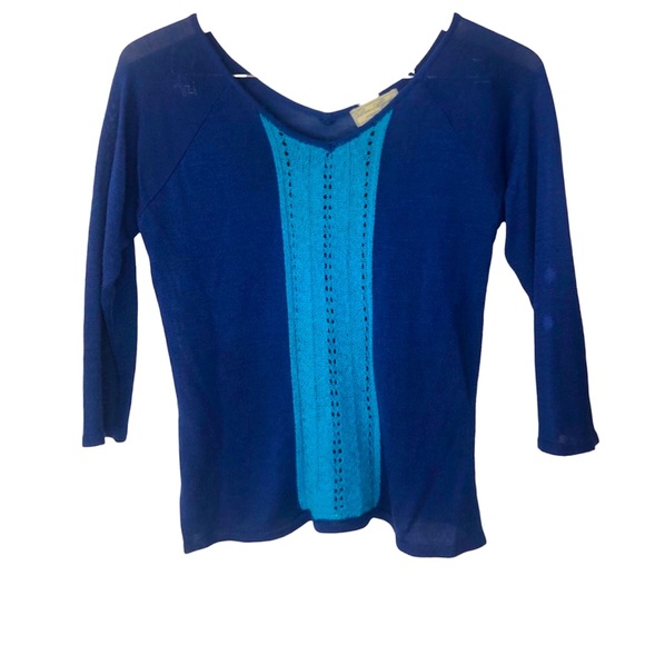 Don Algodon Blue Sweater V Neck 3/4 Sleeve with Crochet Detail Size Small - Picture 1 of 4